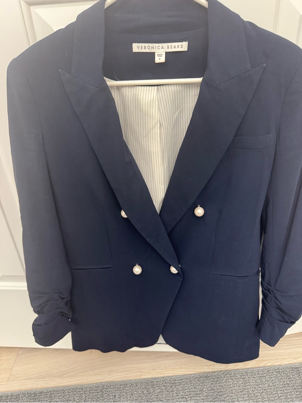 Veronica Beard Navy Double-Breasted Blazer with Pearl Buttons